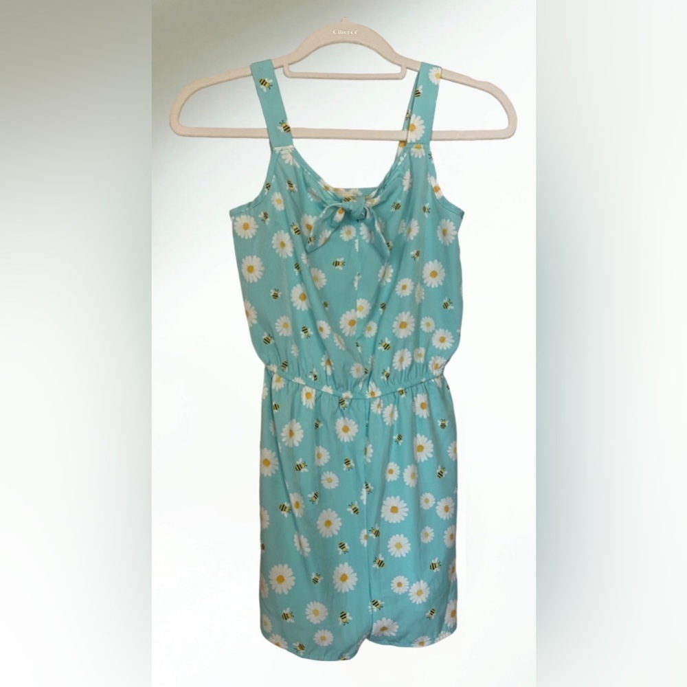 Lily Bleu Light Blue Aqua Romper Short Tie Front White Flowers Size 12